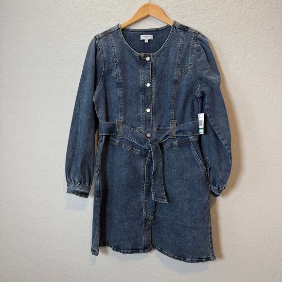Habitual Fit and Flare Long Sleeve Denim Blue Jean Tie Waist Dress Size L NEW - Picture 2 of 8